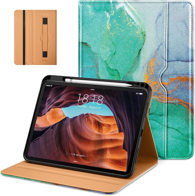 DTTO for iPad (A16) 11th Generation 11-inch &amp 10th Gen Case Brown | Premium Leather Business Cover with Pencil Holder Hand Strap &amp Pocket Corner Protection Auto Sleep/Wake for Work &amp