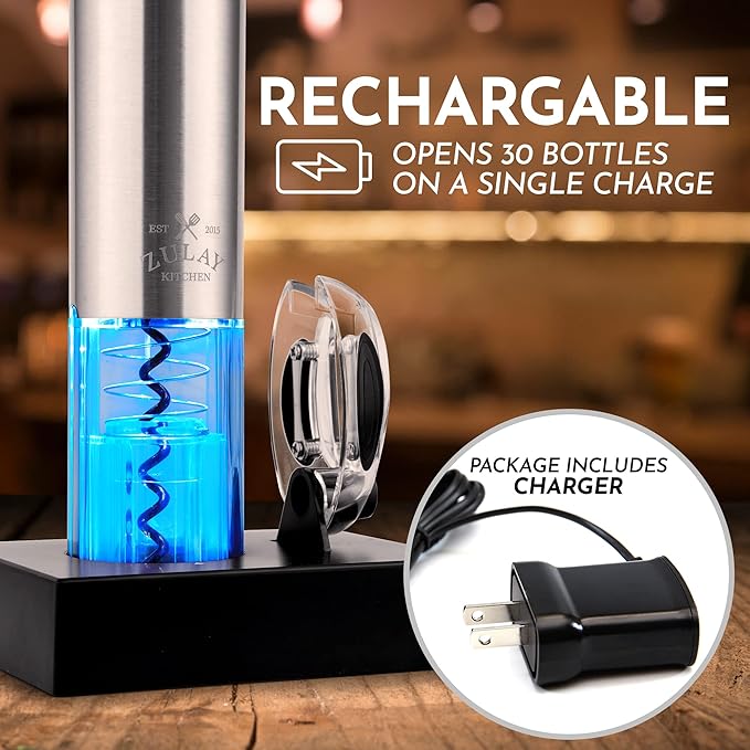 Zulay Kitchen Electric Wine Opener with Charging Base & Foil Cutter - Rechargeable Automatic Corkscrew Wine Bottle Opener for Natural & Synthetic Corks - Stainless Steel Silver