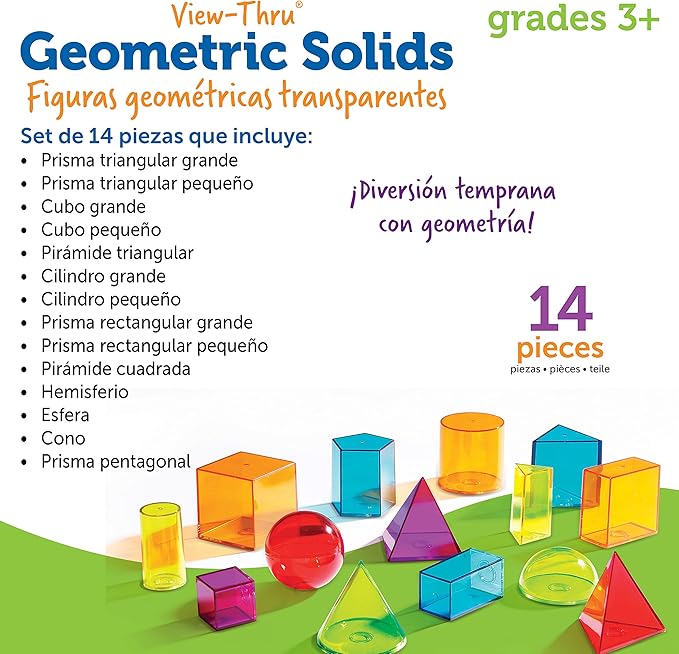 Learning Resources View-Thru Geometric Solids - Classroom Must Haves, Teacher Supplies, Geometry Set, Pattern Blocks, Homeschool, 3d School Shapes For Teaching, Math Manipulatives Essentials