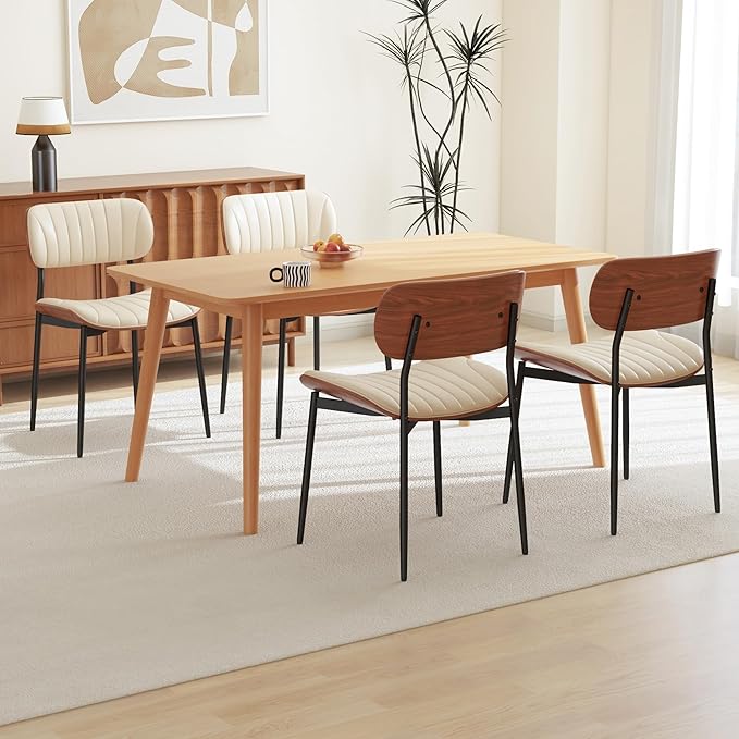 Modern PU Leather Dining Room Chairs Set of 6, Upholstered Kitchen Chairs with Curved Wood Backrest and Metal Legs Adjustable Feet for Kitchen Dining Room(Beige)