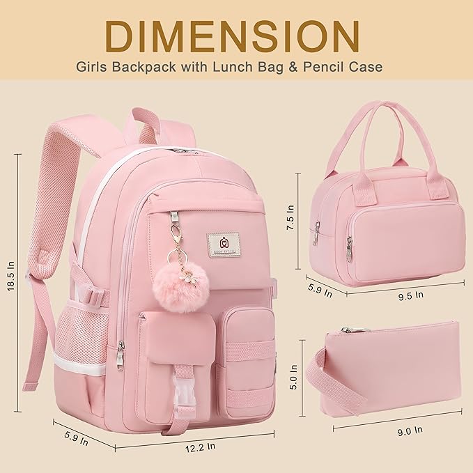 Hidds School Backpack for Teen Girls Women College Laptop Backpacks Kids Cute Bookbag Set with Lunch Box Pencil Case Elementary Middle High Campus Bag 3 Pcs Students Bookbags Sets Travel Daypack-Pink
