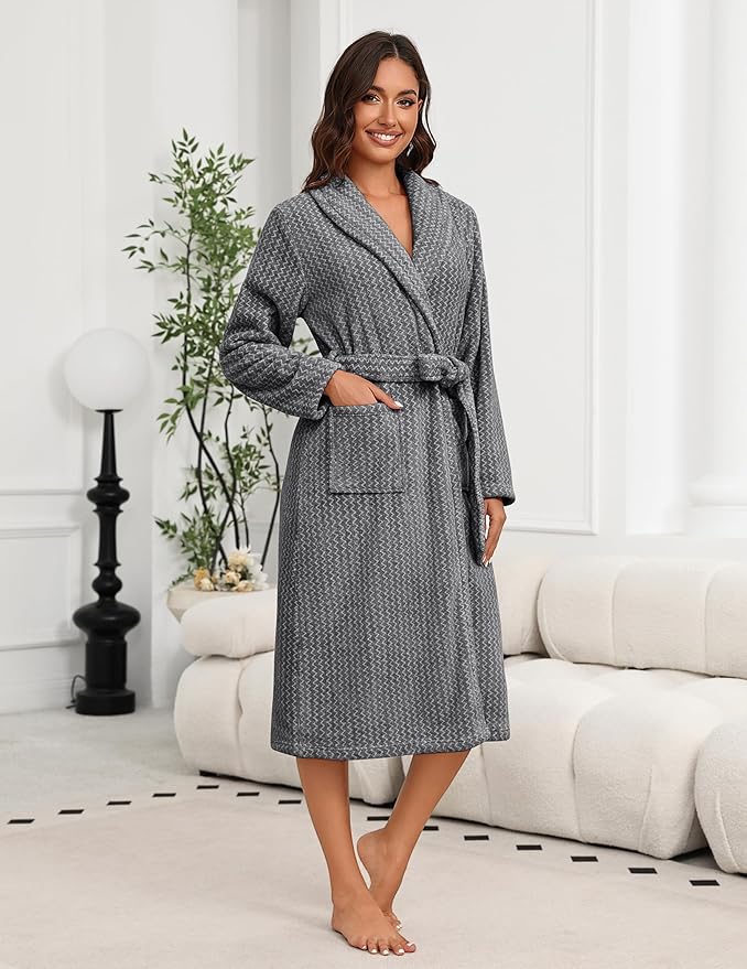 Ekouaer Women's Robe Plush Soft Long Bathrobe Cozy Warm Shawl Collar Spa Robe with Pockets