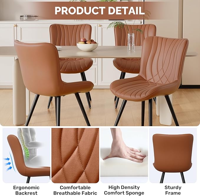 Dining Chair Set of 2 PU Leather Dining Room Chairs Upholstered Comfy Dining Chairs Modern Kitchen Armless Side Chair with Sturdy Metal Legs,Umber