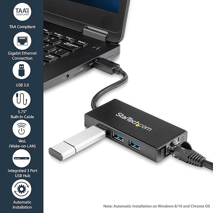 StarTech.com USB 3.0 Hub with Gigabit Ethernet Adapter - 5Gbps - 3 Port - NIC - USB Network / LAN Adapter - Windows & Mac Compatible , TAA (ST3300G3UA)