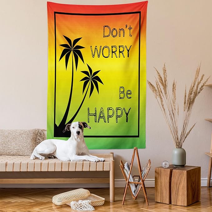Ambesonne Rasta Tapestry, Dont Worry Be Happy Music Words of Iconic Singer Palms Ombre Colors, Fabric Wall Hanging Decor for Bedroom Living Room Dorm, 23" X 28", Lime Green Yellow Black