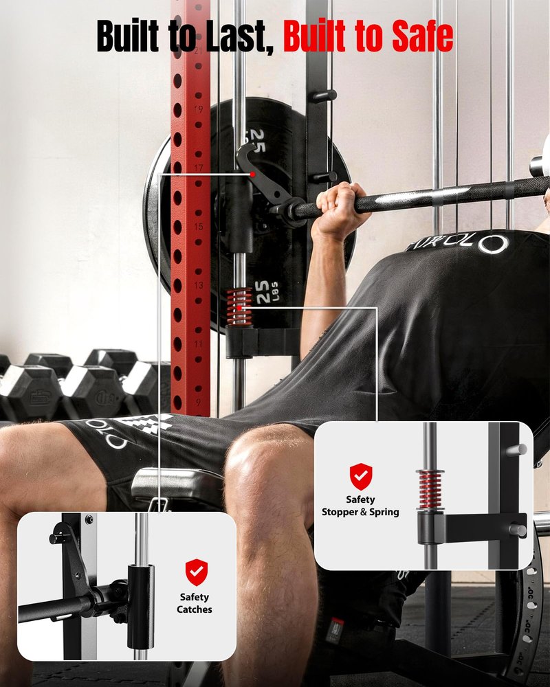 Mikolo M4 2.0 Ultra Smith Machine, Multi-Function Squat Rack with LAT-Pull Down System & Cable Crossover Machine, Training Equipment with Leg Hold-Down Attachment, Red