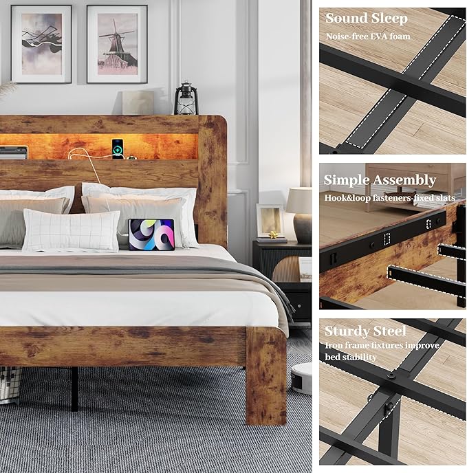 Queen Size Wooden Bed Frame with Bookcace Storage Headboard, Rustic Farmhouse Bedframe with LED Lights and Charging Station, Sturdy and Stable, Slat Support, No Box Spring Required (Brown, Queen)