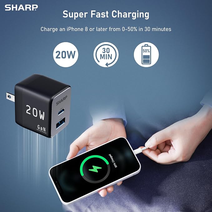 Sharp USB C Charger - 20W Dual Port (USB A+C) Compact Foldable GaN Fast Charge for iPhone 15/15 Pro/15 Pro Max/14/13/12 Pad Pro/AirPods and More Black GW-20PDA201U-BLK