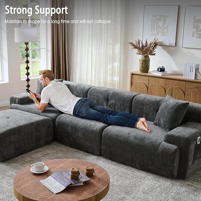 LIDYUK 118" Modern L-Shaped Boneless Couch Modular Sectional Sofa for Living Room, Chenille Upholstery Grey, Oversized 3-Seater Sectional Couch with Deep Seat and Movable Ottoman, No Assembly