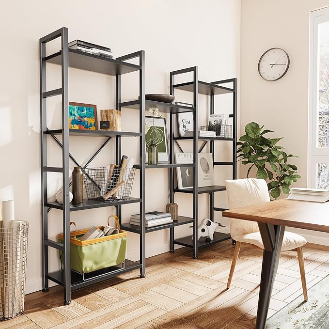 SUPERJARE Triple 4 Tier Bookshelf, Bookcase with 11 Open Display Shelves, Wide Book Shelf Book Case for Home & Office, Black