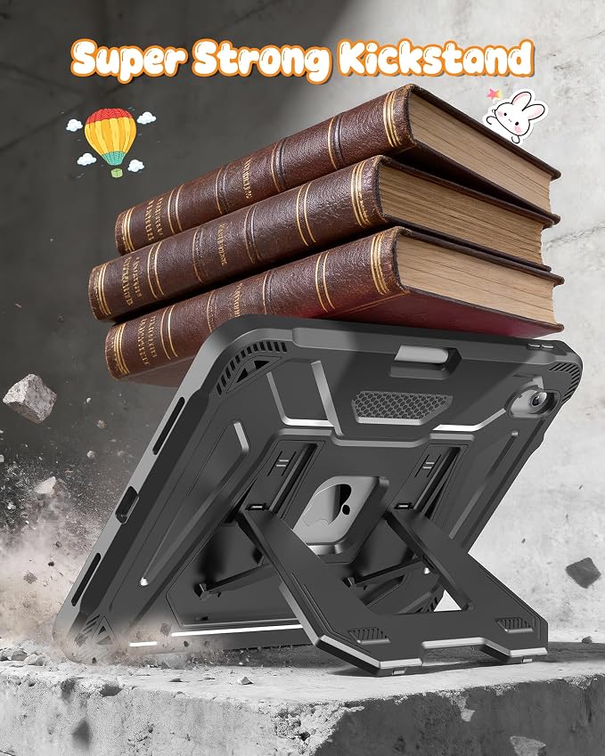 INFILAND Kids Case for iPad A16 11th Generation 11 Inch (2025) iPad 10th Generation 10.9 Inch (2022) Heavy Duty Rugged Shockproof Protective Cover with Dual-Support Folding Kickstand (Black)