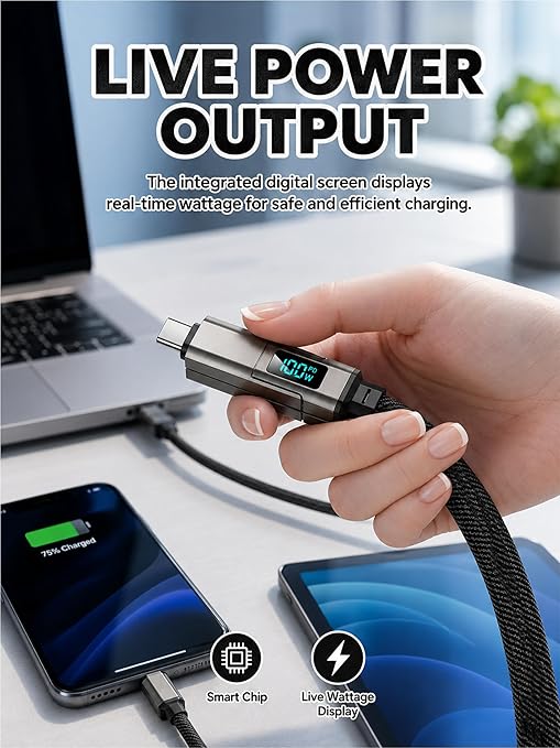 4-in-1 Charging Cable with Digital Display &amp Keychain – Fast-Charging Kink-Resistant &amp Compact Short Multi-Interface Braideds Fast Charging Lanyard Cord for Laptop Phone (Black)