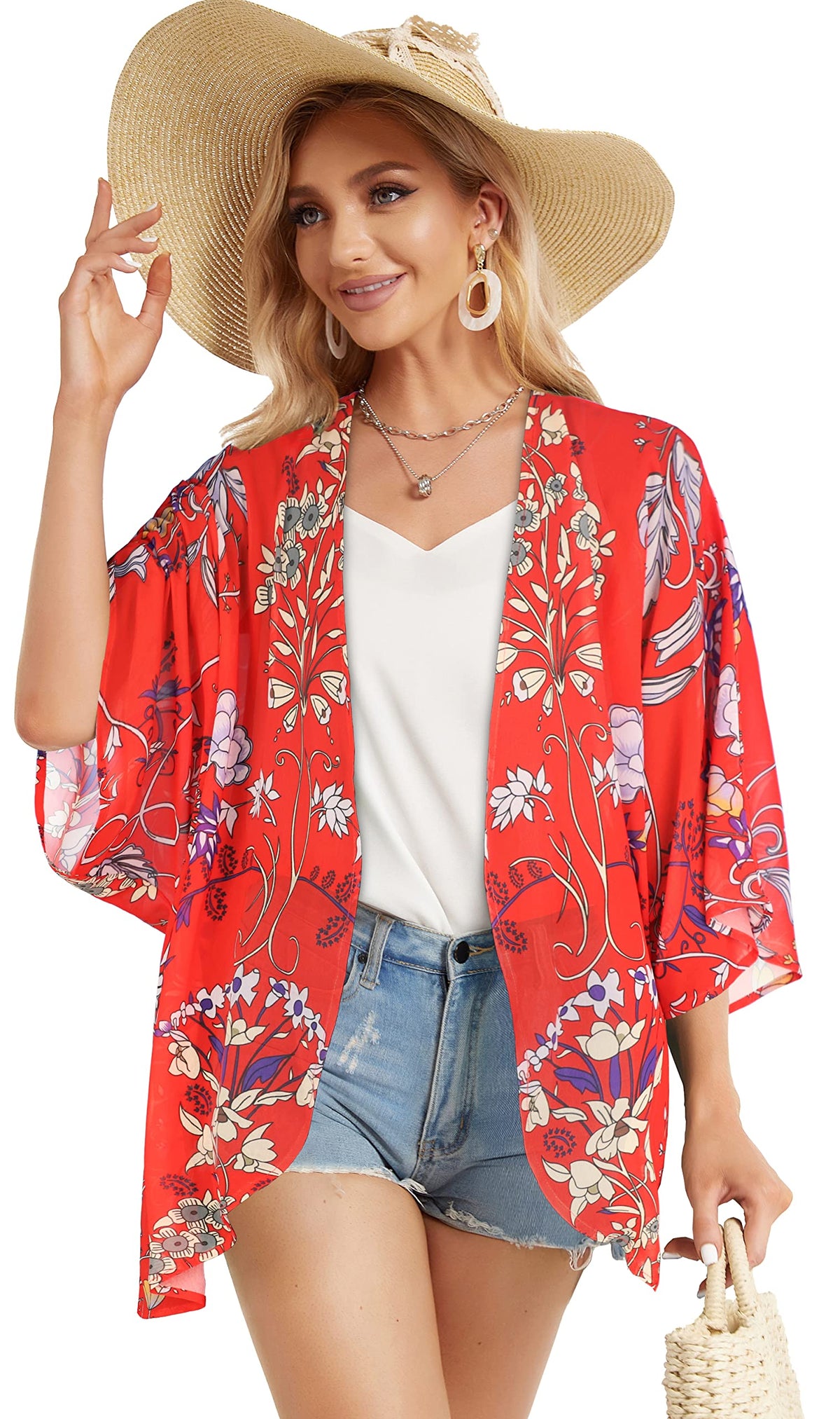 Summer Kimono Cardigan for Women Sheer Boho Tops Casual Open Front Swimwear Shirts Beach Cover ups (Boho Red,5XL)