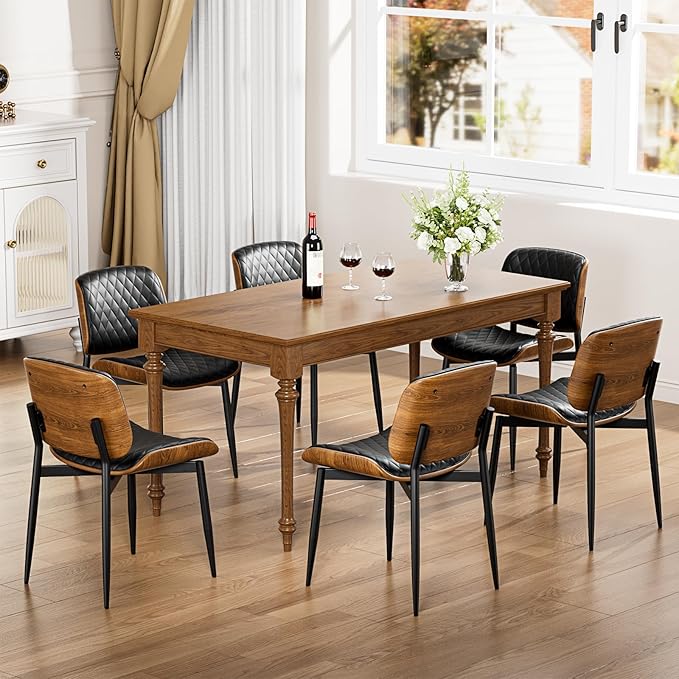 Dining Chairs Set of 2, FSC Certified Mid Century Modern Accent Dining Room and Kitchen Chairs, Upholstered PU Leather Diamond Check Chairs with Walnut Bentwood and Metal Legs, Black