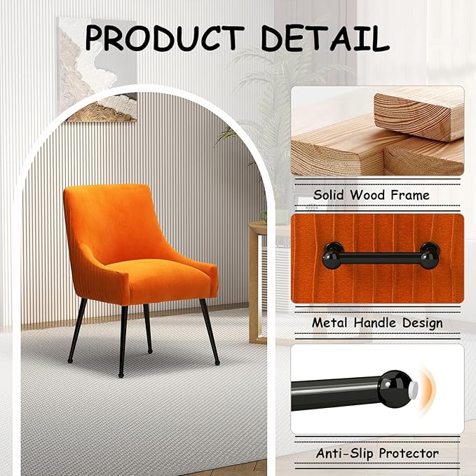 Velvet Dining Chairs Set of 4,Orange Upholstered Living Room Chairs with Black Metal Legs, Modern Tufted Accent Chairs for Living Room, Study Room, Kitchen