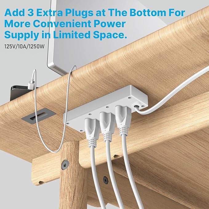 CCCEI 6 Outlets Dual Side Recessed Power Strip with 45W USB C Port, Furniture Flush Mount, Under Desk, Desk Top Multiple Outlet, Hidden Charging Station for Conference Table, Nightstand, White. 10FT.