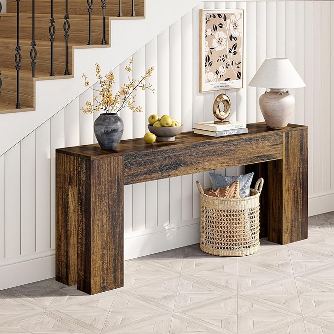 Extra Long Sofa Console Table for Entryway Living Room, 79-Inch Farmhouse Wood Behind Couch Table, Rectangular Accent Console with Wooden Double Base for Hallway Foyer Entrance, Rustic Brown