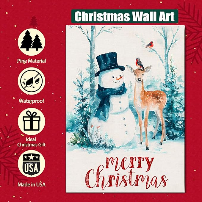 Christmas Snowman with Deer Canvas Wall Art - Rustic Winter Scene Framed Print for Farmhouse Living Room, Cozy Christmas Wall Decor, Ideal Christmas Gifts & Festive Decorations