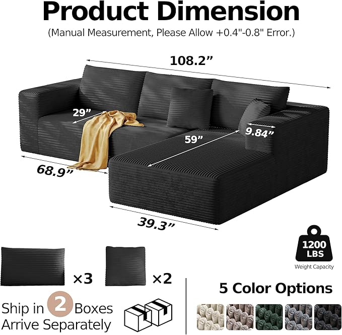 108'' Modular Sectional L-Shaped with Chair,Deep Seat Boneless Corner Couch for Living Room,Plush Corduroy Couch with Detachable Sofa Set,No Assembly(Right Facing Chaise，Gray)