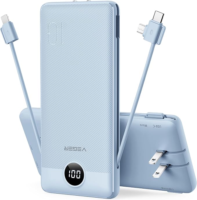 VEGER Portable Charger for iPhone Power Bank Built in Cable and Wall Plug | 10000mAhUltra Slim&ampCompact5 OutputsLED DisplayFlight-SafeTravel Essentials Battery Pack for iPhone 17iPad Samsun