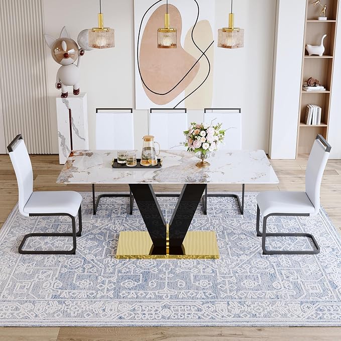 71'' Dining Table Set for 8,Rectangular Dining Room Table Set for 8,Marble Dining Table with 8 PU Leather Dining Chairs,Gold Dining Room Table with Glossy V-Shaped Base Ideal for Kitchen