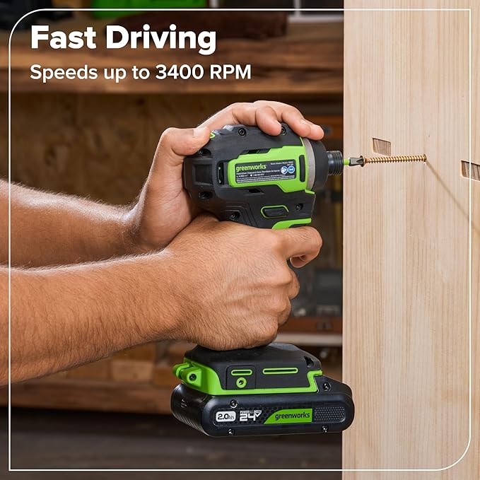 Greenworks 24V Cordless Brushless 400 in-lbs Drill/Driver+1950 in-lbs Impact Driver Combo,High Torque, Lightweight, (2) 2.0Ah USB-C Batteries(12,000mAh Power Bank) and 65W USB-C Fast Charger(3-Port)