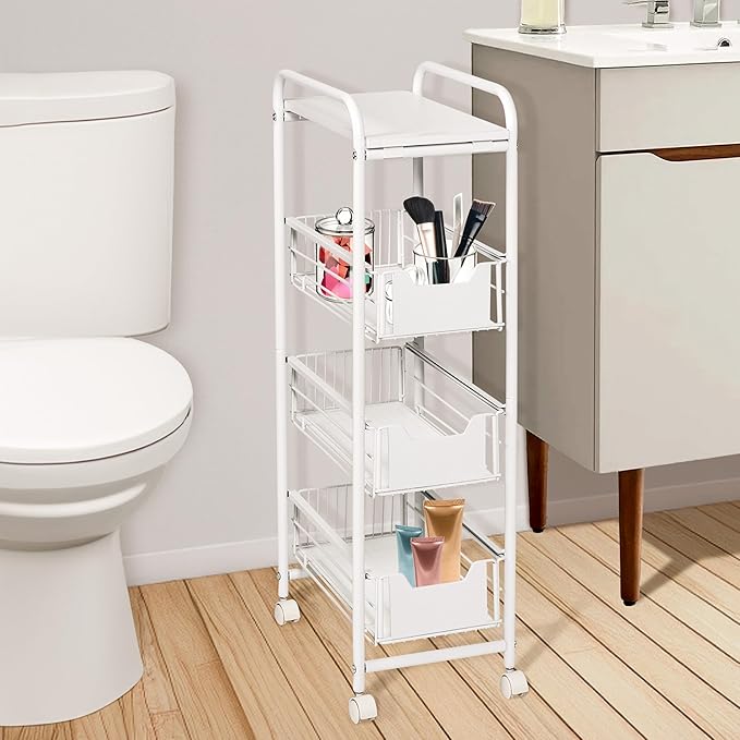 Honey-Can-Do 4-Tier Slim Rolling Metal Utility Cart with Drawers, White