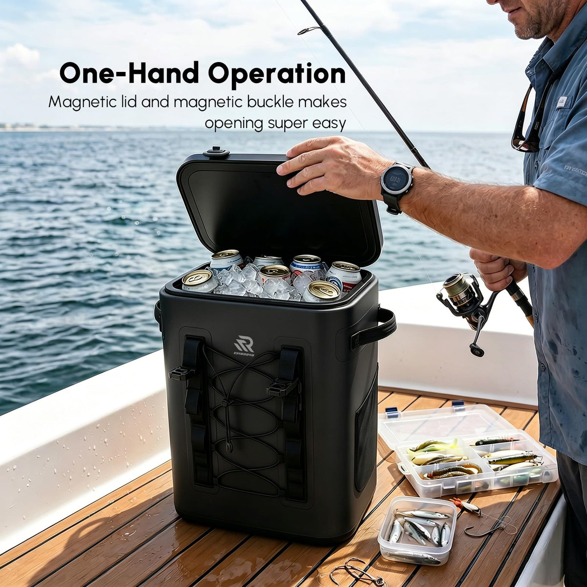 RIVONOVA Premium Zipperless Magnetic Kayak Cooler Backpack Black