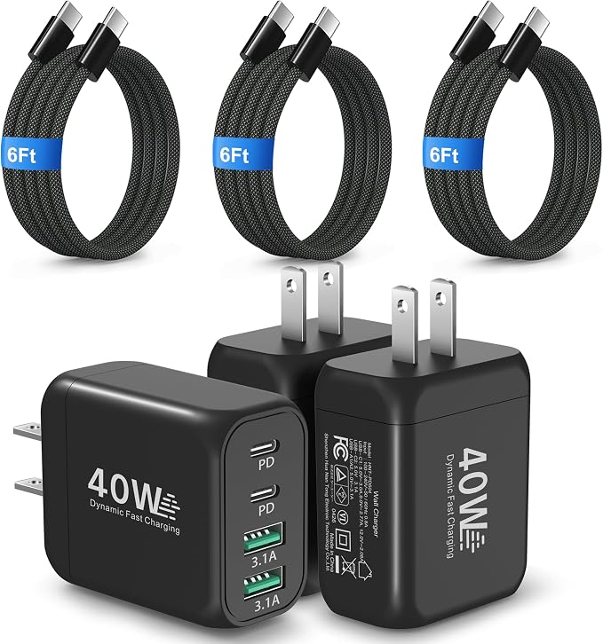 USB C Charging Blocks Costyle Multi USBC Wall Fast Charger Plug Adapter PD/PPS 25W Super Fast Type C Charging Block for Samsung S26 Ultra S25 S24 A16 A17 iPhone 17 16e 15 Pro Max+3 Pack USB-C Cable