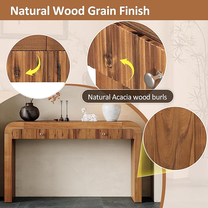 Farmhouse Modern Curved Console Table 54.3-Inch Sofa Entry Table Fluted Accent Tables with Storage Drawers for Living Room Entryway Hallway Furniture, Brown