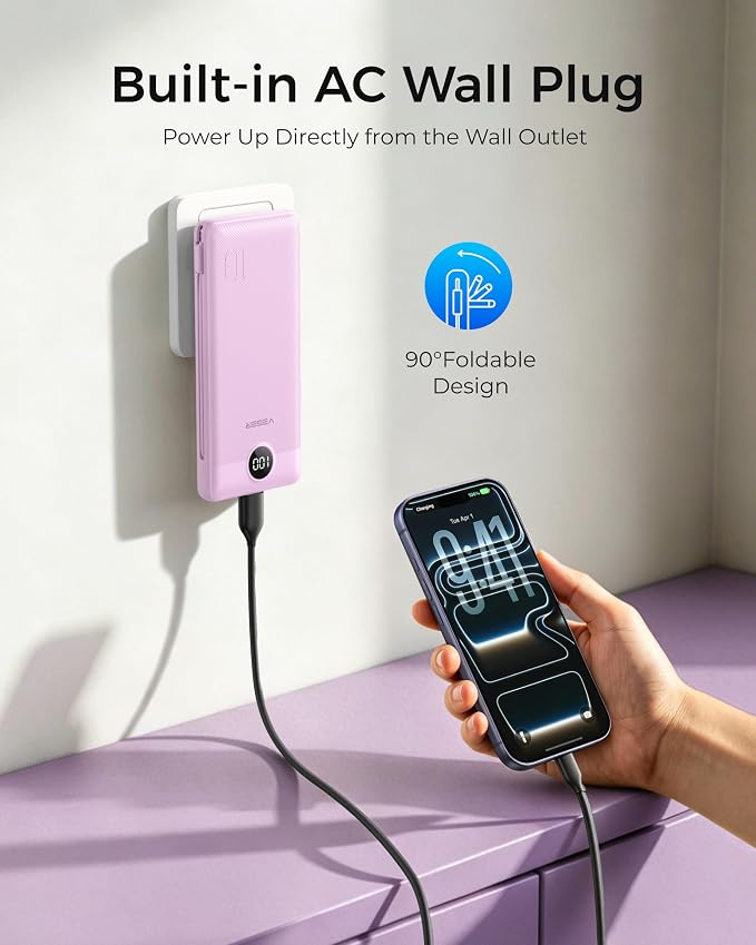VEGER Portable Charger for iPhone Power Bank Built in Cable and Wall Plug | 10000mAhUltra Slim&ampCompact5 OutputsLED DisplayFlight-SafeTravel Essentials Battery Pack for iPhone 17iPad Samsun