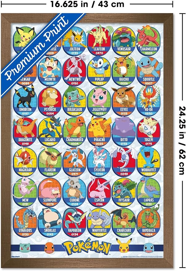 Pokémon: All-Time Favorites - Grid Wall Poster, 22.4L" x 14.7W", Bronze Framed Version