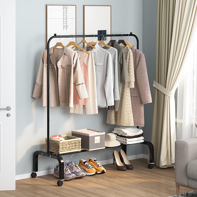 Rolling Clothes Rack Metal Clothing Rack with Wheels Garment Rack with Bottom Shelf for Hanging Clothes Shirts Jeans and Coats Black