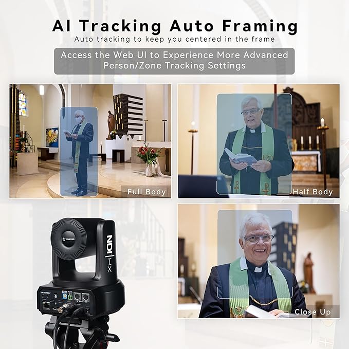 TONGVEO NDI AI Auto-Tracking IP PTZ Camera SDI/HDMI/USB3.0/LAN PoE 30X Optical + 16X Digital Zoom 1080P 60fps for Live Streaming Church Services Education Video Conference with OBS vMix and More