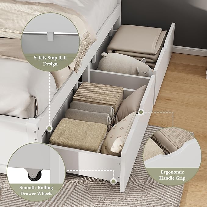 AMERLIFE King Size Solid Wood Bed Frame with 50" Tall Headboard, Mid-Century Modern Bed with Storage, Wooden Platform Bed with 2 Drawers, No Box Spring Needed, White