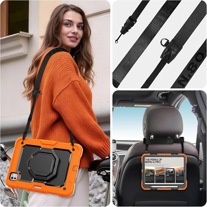 for iPad Pro 11 inch Protective Case M5 2025/M4 2024: Heavy Duty Shockproof Case with Pencil Holder - 360°Rotating Handle/Stand - Screen Protector - Shoulder Strap Black/Sky Blue