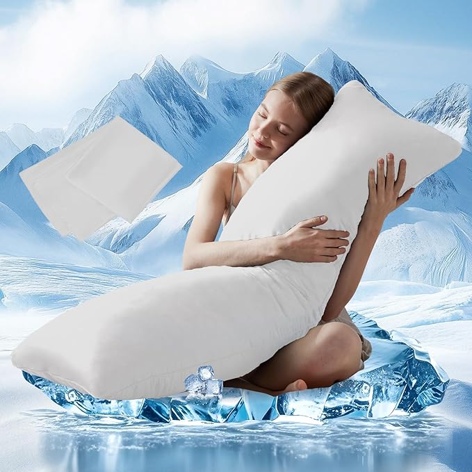DOWNCOOL Large Body Pillow Insert with Cooling Cover - Soft Long Bed Pillow for Summer - Breathable Full Body Pillow for Adults - 20x54 inch (White, with Cover)