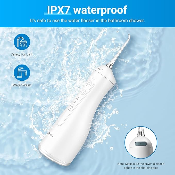 R REVA Portable Water Flosser for Teeth - 4 Modes Cordless Oral Irrigator with 300ML Tank, 360° Rotating Nozzle, 4 Jet Tips, Rechargeable, IPX7 Waterproof, Low Noise Gravity Ball Design (M159 - White)