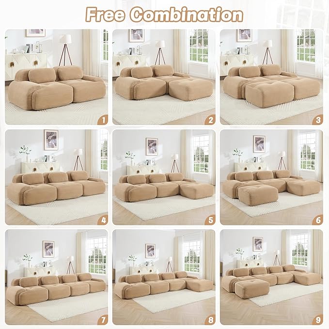 80" Modern Corduroy Boneless Love Seat Couches with 1 Ottoman, 2 Seater Large Sectional Couches for Living Room, Camel Cloud Modular Sectional Sofa, Memory Foam, Extra Deep Loveseat, No Assembly