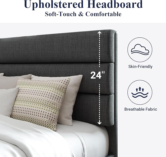 Allewie Queen Size Platform Bed Frame with Fabric Upholstered Headboard and Wooden Slats Support, Fully Upholstered Mattress Foundation/No Box Spring Needed/Easy Assembly, Dark Grey