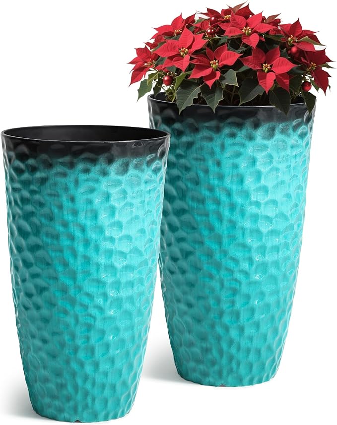 23.75" H Large Tall Outdoor Planters, Set of 2 Plastic Large Flower Pots for Outdoor Plants, with Turquoise Teal Honeycomb Texture, Weather-Resistant for Porch, Garden, Patio or Indoor Use