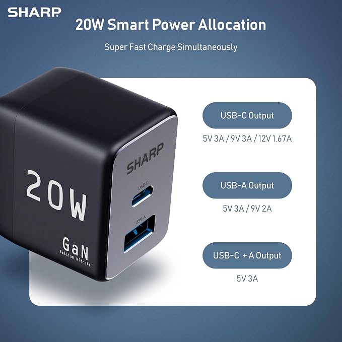 Sharp USB C Charger - 20W Dual Port (USB A+C) Compact Foldable GaN Fast Charge for iPhone 15/15 Pro/15 Pro Max/14/13/12 Pad Pro/AirPods and More Black GW-20PDA201U-BLK