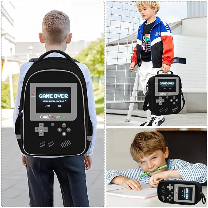 Backpack for School Boys,3pcs Boys Backpack and Lunch Box Set for Elementary Middle School, 17″ Video Game Bookbag for Ages 6-18 Kids Children Teens