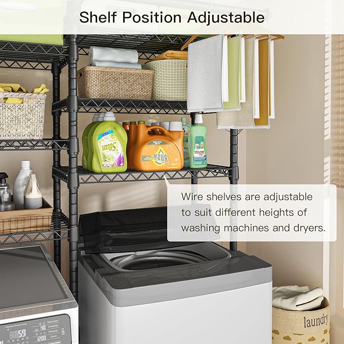 Ulif U13 Medium Over Washer and Dryer Storage Shelves, 6 Tiers Laundry Room Standing Shelf with 2 Hanger Rods, Space Saver Clothes Drying Rack, 57.8" W x 22" D x 77.4" H, Black