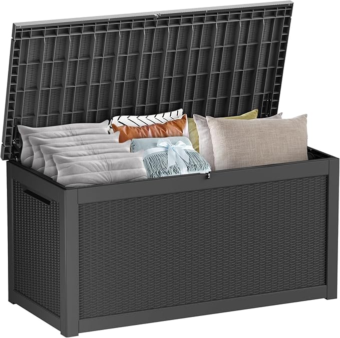 320 Gallon Outdoor Storage Box Waterproof Lockable Resin Deck Box Large, Patio Storage Bin for Pool Accessories Cushion Furniture, Garden Tools, UV-Resistant Outside Delivery Black