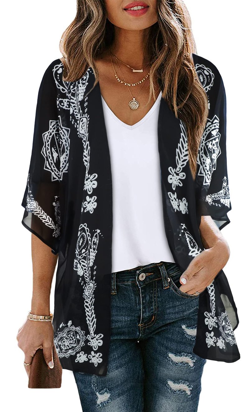 Summer Kimono Cardigan for Women Sheer Boho Tops Casual Open Front Swimwear Shirts Beach Cover ups (Caftan Black,M)