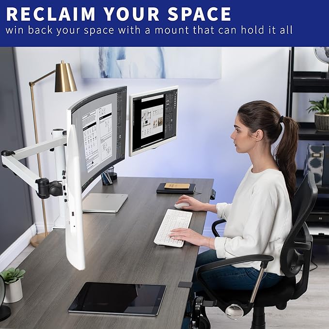 VIVO Triple Monitor 23 to 32 inch LED LCD Clamp-on Desk Mount, Heavy Duty Articulating VESA Computer Stand, Holds 3 Screens, Fully Adjustable for Home Office Workstation, White, STAND-V103W