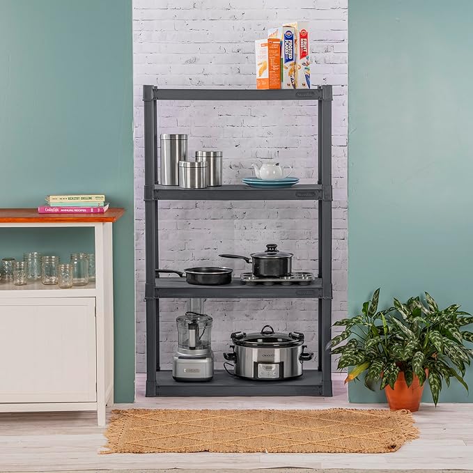 Sterilite 4 & 5 Shelf Plastic Storage Units Bundled with Easy to Assemble Storage Cabinet for Garage, Pantry & Kitchen Organization, 4 Shelves, Gray