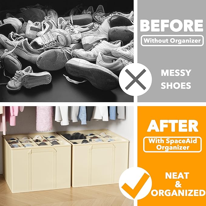 SpaceAid Shoe Organizer for Closet, 2 Pack Foldable Shoe Storage Containers Baskets Boxes Bins w/Adjustable Dividers, Fits 16-32 Pairs, Beige