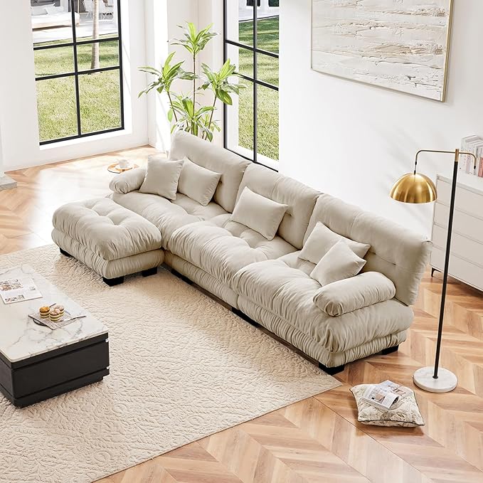 Beige Ottoman for Modular Sectional Sofa, Single Sofa, Ottoman Seat for Convertible Sectional, Chenille Sofa Couch for Living Room, Bedroom, Apartment